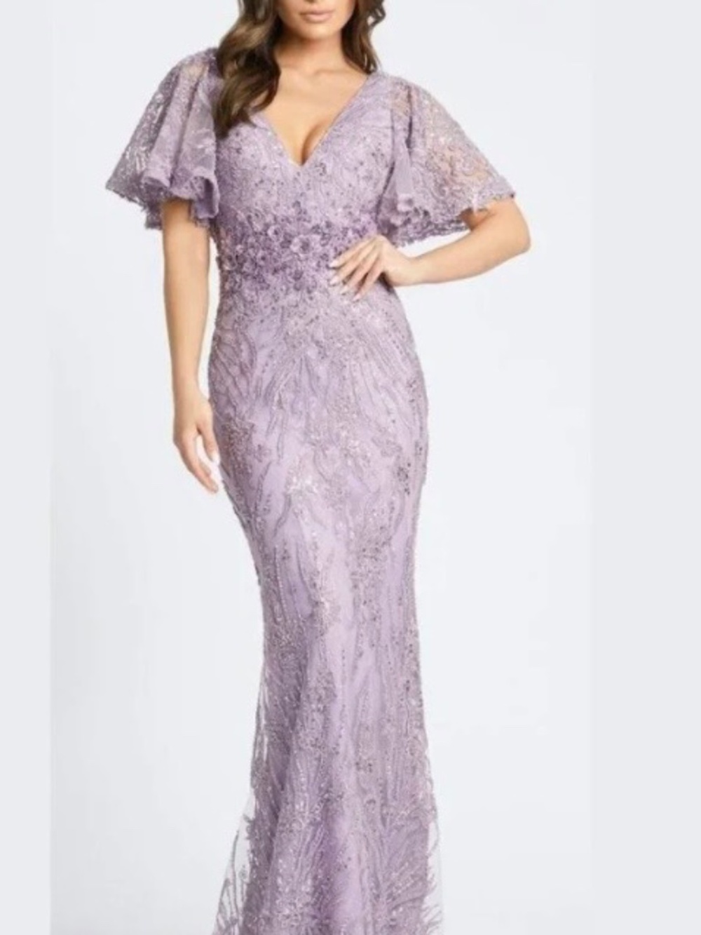 MacDuggal Sheer Butterfly Short Flutter Sleeve Sheath Gown size 18